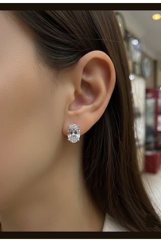 Gümüş Oval 12x8 Mm 4,5 Carat Altın Kaplama Tektaş Küpe Sarı
