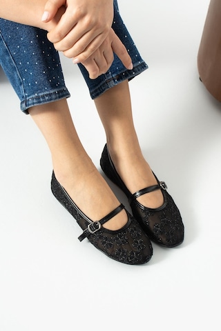 Dabab Shoes Lorena Kadın Siyah Çiçek Nakışlı Tül Mary Jane Babet