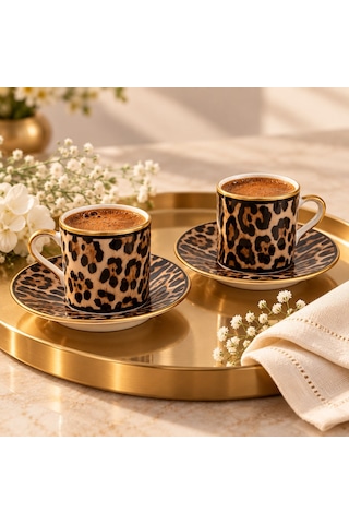 2 Kişilik 4 Parça Leopar Desenli Türk Kahvesi Fincan Takımı, Gold Detaylı Şık Kahve Seti Siyah