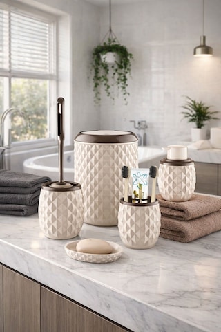 Decorev Geometrik Desenli Krem Banyo Aksesuar Seti – 5 Parça