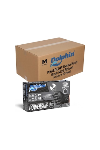 Dolphin Nitril Powergrip Ekstra Kalın Elmas Dokulu Eldiven Siyah Meidum Orta Boy - 50'li 20 Paket