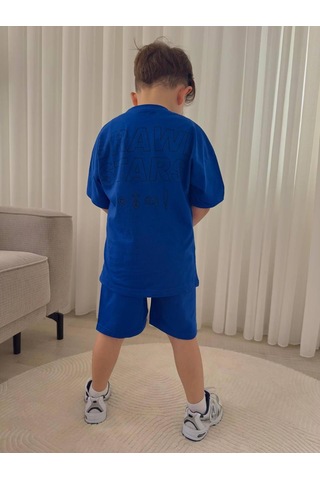 Nurbebekidss Erkek Çocuk Karakterli Penye Şortlu Takım Saks Mavi