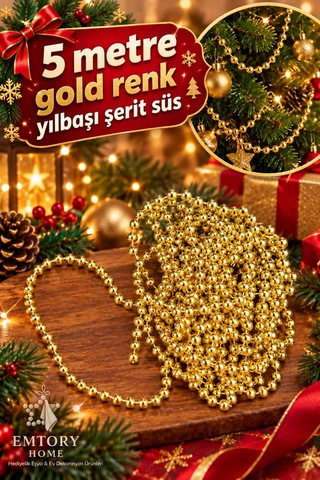 5 Metre Gold Şerit Toplu Yılbaşı Ağaç Süsü - Yılbaşı Dekor - Yılbaşı Süsleme Boncuk Şerit 6mm Diğer