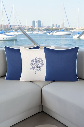 Kırlent Kılıfı 45x45 3'lü Marin Set Nakışlı + Düz Su İtici Outdoor Keten Tekne Bahçe Krem - Lacivert