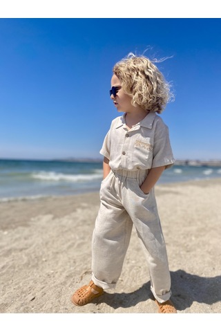 Cebi Nakışlı Gömlek Pantolon Keten Erkek Çocuk Takım Natural