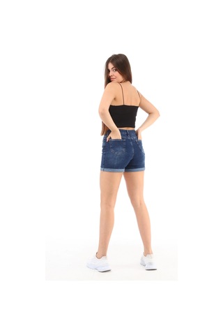 Cedy Denim Kadın Yüksek Bel Duble Paça Kot Şort Klasik Mini Jean Şort C604 Lacivert