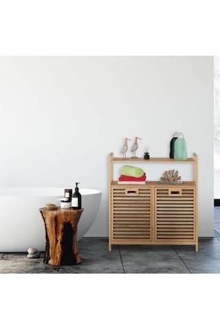 Bambu 2 Bölmeli Kirli Çamaşır Sepeti 2 Raflı Banyo Düzenleyici Dolap Banyo Dolabı Bambu