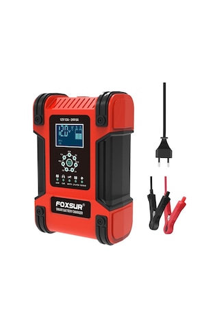 Foxsur 12V 24V 12A Araç Pil Akü Şarj Cihazı 7 Aşamalı Darbe Bakım Kırmızı