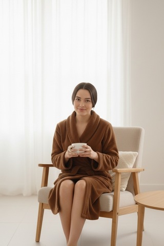 Mislina Home Lumor Şal Yaka Wellsoft Peluş Yumuşak Sabahlık Kahverengi Kahverengi