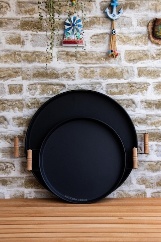2'li Ahşap Kulplu 45 Cm Metal Tepsi Ve 37 Cm Siyah Tepsi Çay Kahve Sunum Tepsisi Siyah