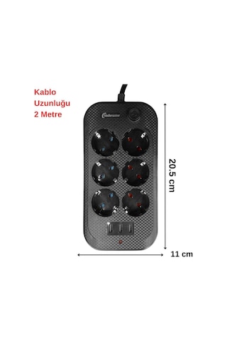 Techmaster 3 Usb Akım Çocuk Korumalı 6lı Priz 2mt Kablo