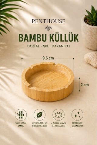 Yuvarlak Doğal Bambu Küllük 4 Yuvalı Dayanıklı Ve Şık Masaüstü Küllük 9,5 Cm