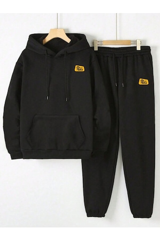 Josette Pens Yazılı Kışlık Alt Üst Takımı Sweatshirt Eşofman Altı - Siyah Baskılı Oversize Kapüşonlu Siyah