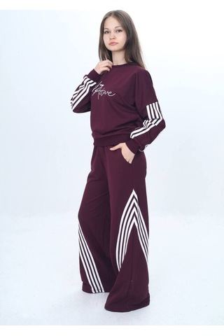 Kız Çocuk %100 Pamuk Şeritli Oversize 2 İplik Alt&üst Eşofman Takımı-305-eşt-0009 MÜRDÜM