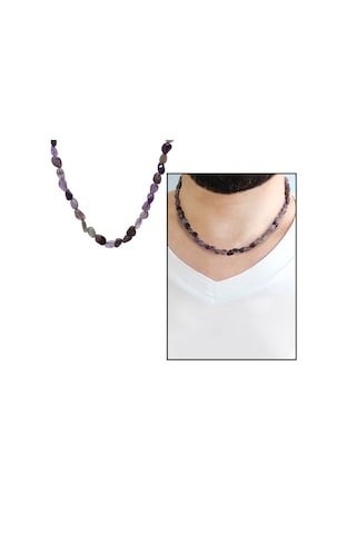 Silver Renk Metal Zincirli Amorf Ametist Doğaltaş Erkek Kolye Gümüş