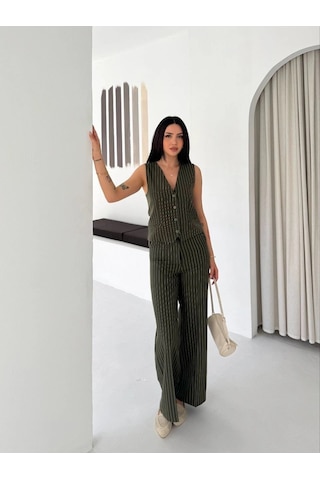 Moda Kadın Çizgili Tansel Kumaş Yelek Pantolon İkili Takım Ofis Şık Modern - Haki Çok Renkli
