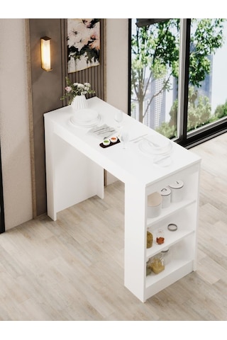 Shelfy Bar Raflı Yemek Masası Beyaz Beyaz