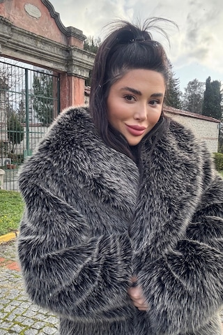 Açelyaokcu Premium Şal Yaka Mob Wife Suni Kürk Maxi Kadın Kaban Antrasit