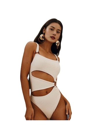 Kadın Monokini Dolgulu Balenli Düz Renk Kare Yaka Tek Parça Bikini İçi Boş Tasarımlı Plaj Tatil Mayosu Beyaz