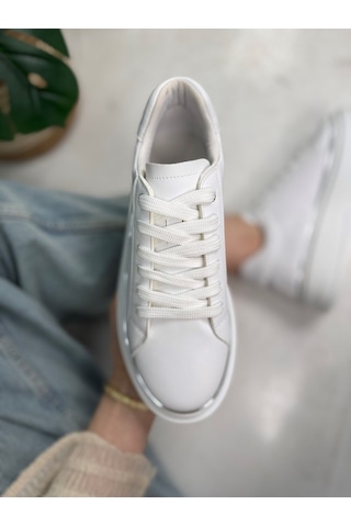 Günlük Kadın Spor Ayakkabı Bağcıklı Hafif Kalın Yüksek Taban Yürüyüş Sneaker 2135 Beyaz