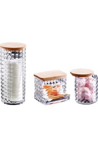Ahşap Kapak Görünümlü 3'lü Makyaj Organizer Seti Diamond Model Şeffaf