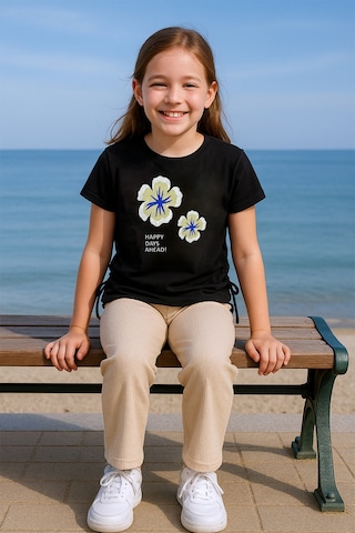 Kız Çocuk Yazlık İkili Takım Çiçek Baskılı E35 Siyah