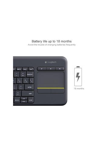 Logitech K400 Plus 2,4 Ghz Kablosuz Dokunmatik Kontrol Klavyesi, Kablosuz Menzil: 10 M Siyah