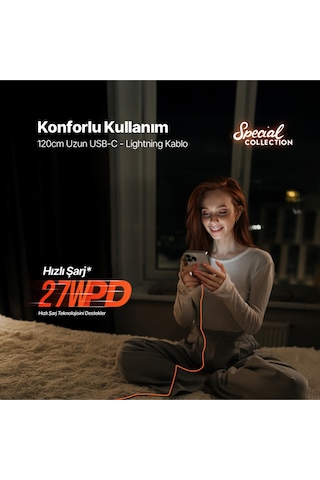 Ttec USB-C - Lightning Hızlı Şarj Kablosu 120 CM Neon Turuncu