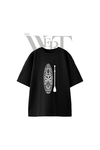 Thewert Tiki Surfboard Tasarım Baskılı Ünisex Siyah Oversize T-shirt