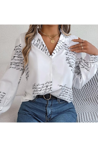 Gmxıa Kadın Modası Günlük Yazlık Takım Uzun Kollu Yaka Bluzlar Ve Alfabe Gömlekler Koyu Mavi