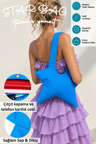 Tuttobene Star Bag Yıldız Çanta Çıtçıtlı İç Cepli Özel Tasarım Omuz Çantası Su Geçirmez Leke Tutmaz Tb052 Turkuaz