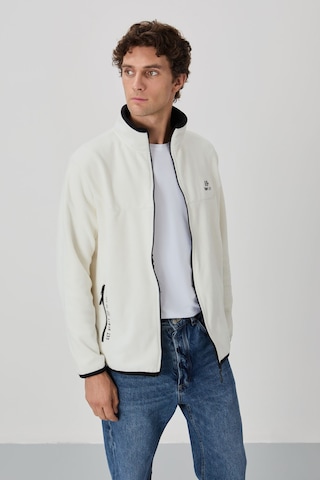 Tommy Life Ekru Yazı Nakışlı Dik Yaka Fermuarlı Standart Kalıp Erkek Sweatshirt Polar - 87992 Ekru