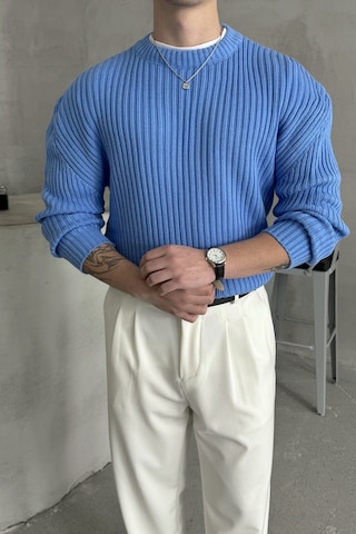 Erkek Fitilli Örme Oversize Kazak Mavi