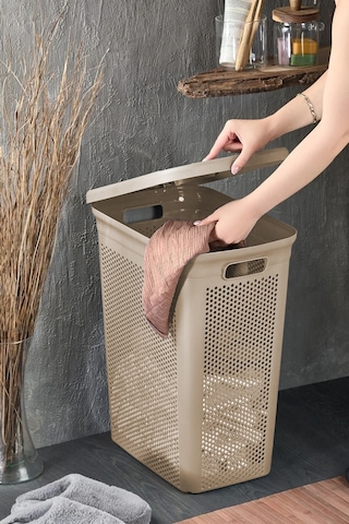İronika Slim İki Bölmeli Kapaklı Dekoratif Kirli Çamaşır Sepeti 90 Litre Kahve - Beyaz Kahve