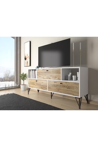 Wood'n Love Mia 160 Cm Metal Ayaklı Tv Ünitesi - Konsol - Beyaz - Atlantik Çam / Siyah