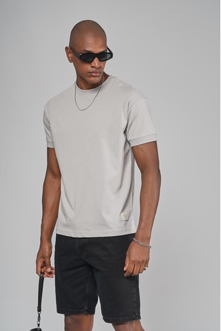 King Brich Slim Fit Kalıp Kolu Ribanalı Basic %100 Pamuklu Tişört Gri