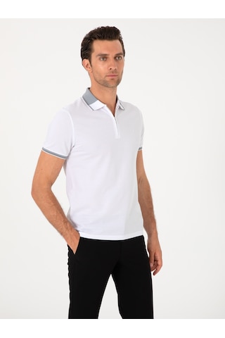 Beyaz Slim Fit %100 Pamuk Fermuarlı Polo Yaka T-shirt