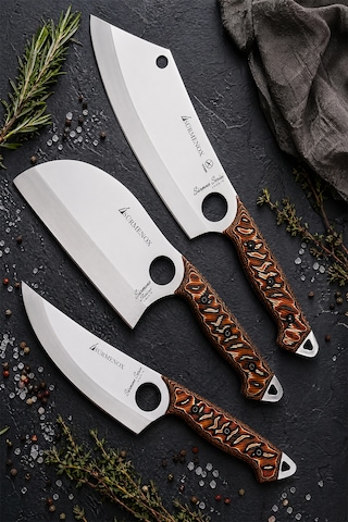 Sürmene Serisi 3 Lü Mutfak Şef Bıçağı Seti Kahve Verzalit Sap Et Sebze Kamp Outdoor Bıçak Deri Kılıflı Mft-037 Kahverengi