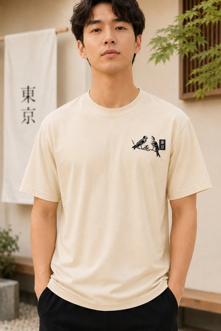 Novalisse Erkek Ön Ve Arka Tokyo Kuş Çiçek Baskılı Oversize T-shirt - Ekru Çoklu Renk