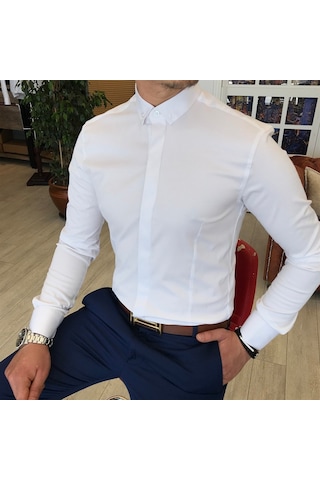 Italyan Kesim Slim Fit Erkek Küçük Yaka Gömlek Beyaz T4800