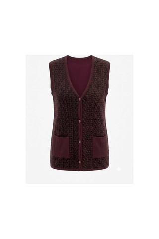 Onno Style Women Çelik Örgü Klasik Leopar Desen Triko Yelek Bordo