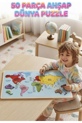 Ahşap Çift Katlı Dünya Haritası Puzzle 50 Parça Eğitici Ve Öğretici Coğrafya Oyunu