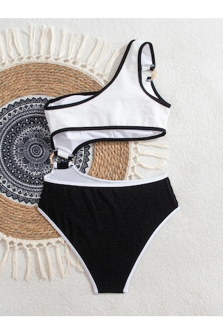 Yaz Patlamasımmodelleri Yüksek Bel İnce Tek Omuz Tek Tek Parça Mayo Metal Halka Degoratifi Darbe Renk Diişbikini Akımım Elbise Kadını Plaj Taatil Geçmezi Beyaz - Siyah