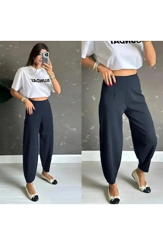 Aesco Kadın Krep Kumaş Balon Pantolon Lacivert