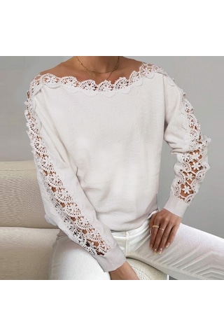 Vonda Kadın Sonbahar Dantel Yuvarlak Yaka Uzun Kollu Kazak Kazaklar Beyaz
