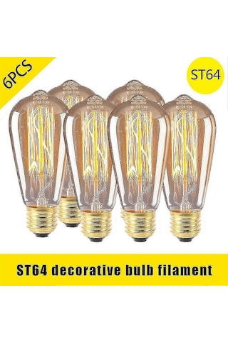 6 Adet Vintage Retro St64 E27 Edison Ampul, 40w Filament Ampul, Sıcak Beyaz - Sıcak Parıltılı Klasik Aydınlatma Diğer