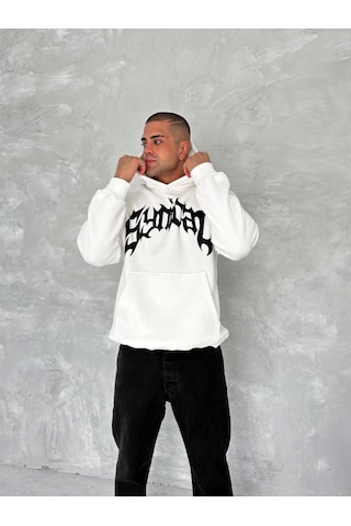 Veraura Lifestyle Unisex Üç İplik Kapşonlu Baskılı Sweatshirt - Beyaz