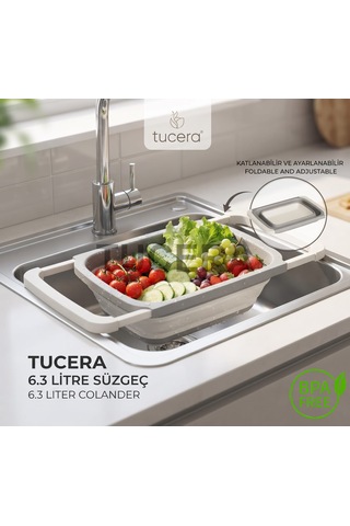 Tucera Ayarlanabilir Katlanabilir Lavabo İçi Süzgeç 6.3 Litre Geniş Hacimli Meyve, Sebze Ve Makarna Süzgeci Krem