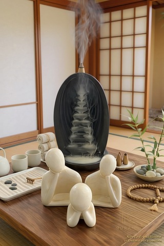 Tütsü Şelalesi Standı & Aile Figürü Biblo 4'lü Set Alçı Zen Meditasyon Dekor Minimalist