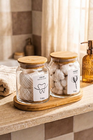 Serra - Bambu Standlı Vakum Bambu Kapaklı Etiketli Banyo Düzenleyici Cam Banyo Seti Banyo Organizeri 2'li Açık Ahşap